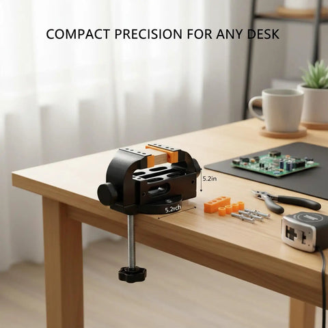 Huge Deal Compact Aluminum Alloy Toggle Clamp Vise For DIY Crafts And Small Parts mounted on a desk, dimensions 5.2 x 2.4 x 1.9 inches.