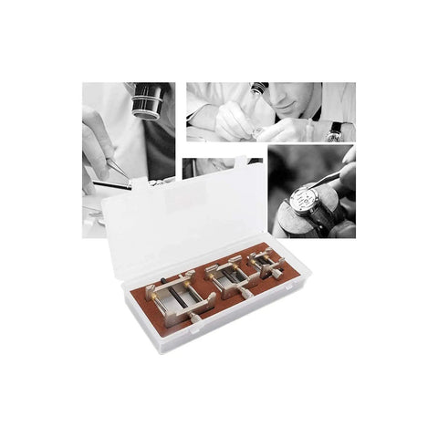 Watch Repair Kit With Movement Holder Set Three Piece Metal Base Holders For Secure Movement Fix in open case with watchmakers