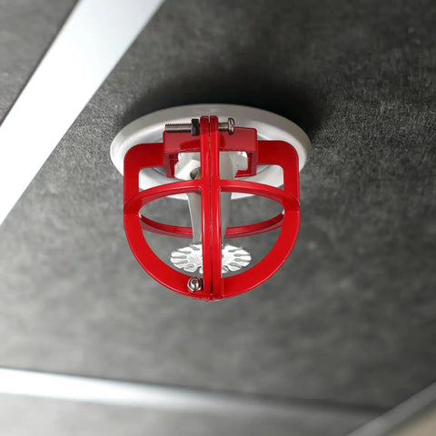 Sick Fire Sprinkler Head Guard Cover Metal Cage Protector Shell For Ceiling Mount Easy Hook Up Visual Warning Bump Buster Guard Keep Your Sprinklers Hella Secure And Looking Sharp 3.34 Inches mounted on ceiling.