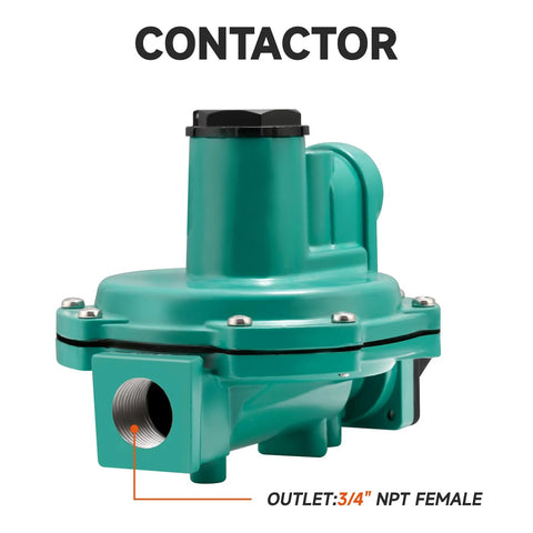 Green two-stage LP gas regulator for grills with 3/4 inch NPT female outlet depicted, ensuring steady and safe flame control for BBQs.