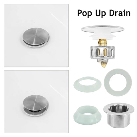 Top Shelf Brushed Nickel Pop Up Bath Sink Drain Stopper Without Overflow components, showing drain assembly and accessories.