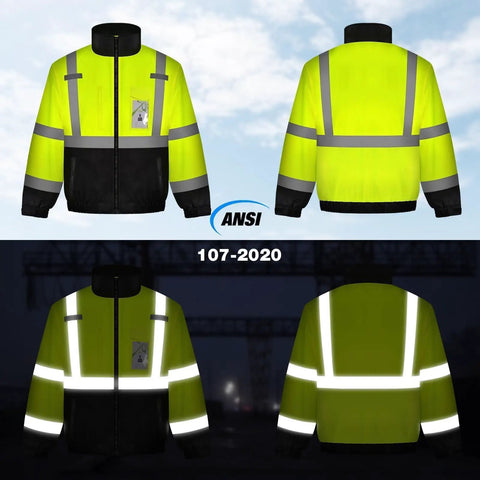 Heavy Duty Class 3 Hi Vis Reflective Jacket For Men, waterproof winter bomber work coat shown in daylight and reflective night view.