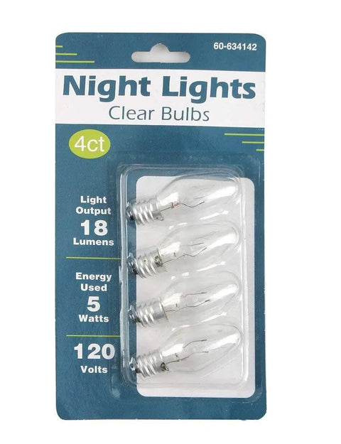 Clear Night Light Bulbs Pack Of Four With Five Or Seven Watt 120 Volt C7 And E12 Base 10 To 18 Lumens packaging