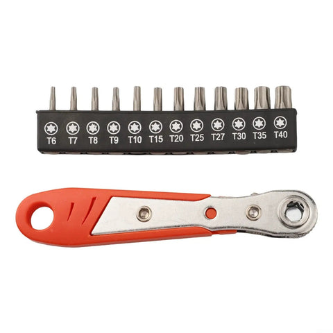 Right Angle Screwdriver Set With Torx Bits T6 To T40 Features Reversible Ratchet For Tight Spots And Mini Kits Perfect For Auto Repair Jobs Or Furniture Assembly In A Cool Slang Style, 12-piece steel bit set with ratchet