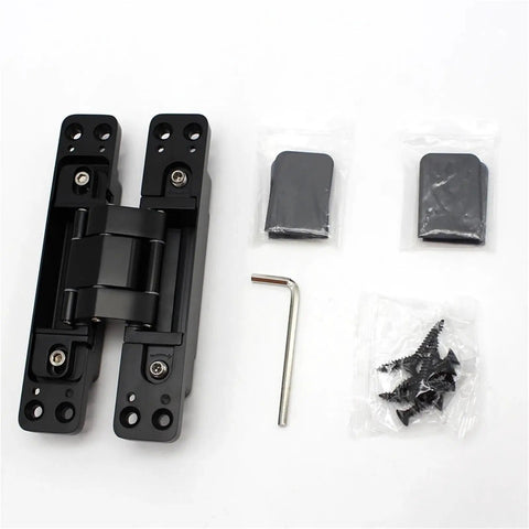 Two Pack Matte Black Concealed Door Hinges With Eighty Kilogram Rating And Three Way Adjustability For Heavy Wood Doors featuring hinge and installation screws.