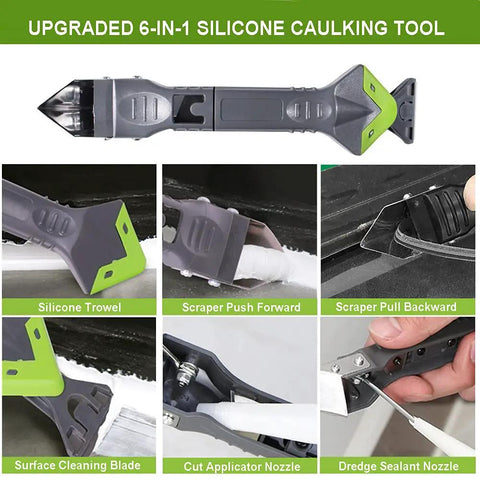 Five In One Caulk Remover Tool With Stainless Head For Silicone Sealant Removal And Grout Scraping features shown