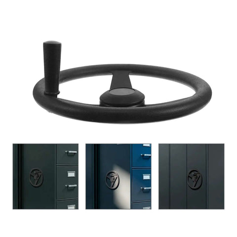 Smooth Tri Spoke Compact Shelving Handwheel In Stylish Black Plastic Crank Handle For Effortless Manual Drive And Easy Archive Rack Storage Access Without Strain, black