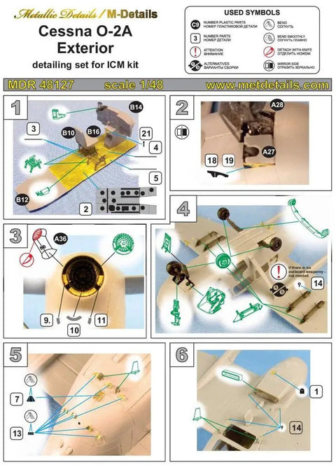 Diagram of 1/48 Scale Cessna O-2A Exterior Detail Set for ICM Kit featuring resin, photoetch, and 3D-printed parts assembly instructions