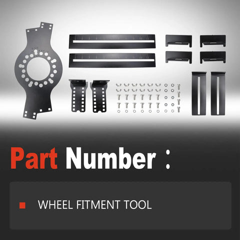 Heavy Duty 5 Lug Wheel Fitment Tool Offset Measuring Simulator For 14 To 22 Inch Rims parts including brackets and measurements.