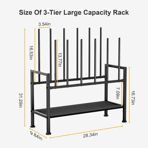 Free Standing Boot Rack With Upside Down Design, Heavy Duty Black Metal Shoe Organizer For Knee High Boots And Sneakers, size dimensions of 3-tier large capacity rack.