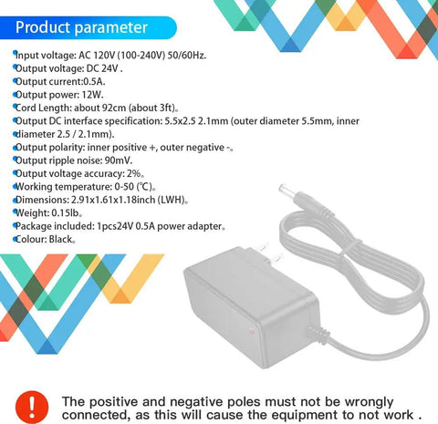 Specifications and image of Plug And Play 24V 0.5A DC Power Supply Adapter From 100-240V AC To 24V DC 12W, 3ft Cord