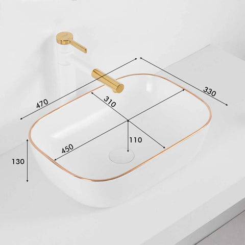 Slick Rectangular Vessel Sink For Above Counter Bathroom Vanity Heavy Duty Ceramic Basin with dimensions 470x330mm.