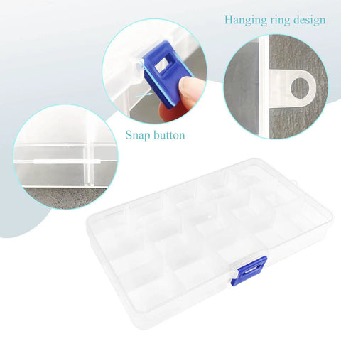 Fishing Tackle Box With Adjustable 15 Dividers Clear See Through Storage Organizer, snap button and hanging ring design