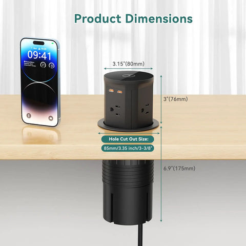 Pop Up Outlet With Wireless Charger And USB C Slick Retractable Recessed Power Station dimensions illustration