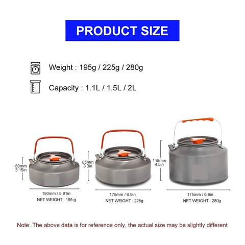 Lightweight Camping Water Kettle And Cookware Set 1.1L To 2L for Hiking with size and weight specifications