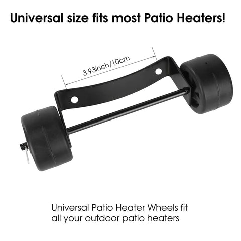 Patio heater wheel kit with two black wheels and bracket, 3.93-inch diameter, universal fit.