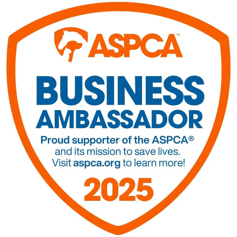 ASPCA 2025 Business Ambassador badge with ASPCA logo and support message