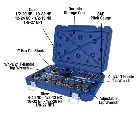 Open 40-piece steel fractional tap and die set with precision formed threads, heat treated and tempered, for garages and pro shops.