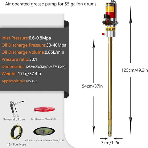 Diagram of Heavy Duty 50 To 1 Air Grease Pump For 55 Gallon Drums With Drum Cap, labeled dimensions, showing components