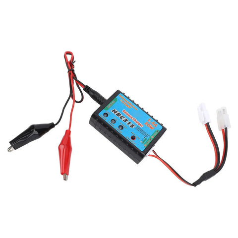 Portable 20W RC Battery Balance Charger With Built In Safety Guards, black and blue design with visible cables for LiPo batteries.