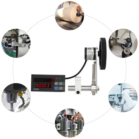 Workhorse Digital Length Meter Counter With Smooth Rolling Measuring Wheel Tracks Feet Inches And Yards Equipped With Dual Relay Output Controls For Heavy Duty Textile Printing Work, showing components and uses in machinery.