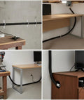 High Flex Corrugated Cable Conduit, 51 Mm Heavy Duty Wire Raceway With Galvanized Steel Core, 20 Meter Roll in various wiring setups under desks.