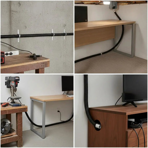 High Flex Corrugated Cable Conduit, 51 Mm Heavy Duty Wire Raceway With Galvanized Steel Core, 20 Meter Roll in various wiring setups under desks.