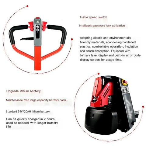 Premium Full Electric Pallet Jack With Lithium Power Truck For Warehouse And Supermarket Material Handling, 3300 LBS Capacity industrial pump jack handle with battery display.