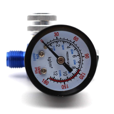 Pro Air Pressure Regulator With Gauge For Spray Paint And Pneumatic Tools quarter inch gauge showing pressure up to 180 PSI.