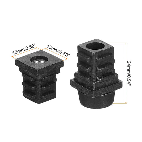 4 Pack Adjustable Furniture Leveling Feet, M6 Screw In Square Tube Glides, sturdy plastic, 15x15x24mm size, black finish.