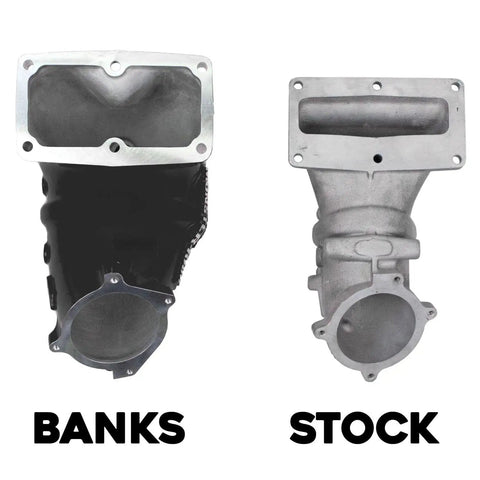 Comparison of Monster-Ram Intake System Drop On Your Diesel Rig For 2013-2018 Dodge Ram 2500 3500 6.7L Cummins with black manifold heater.