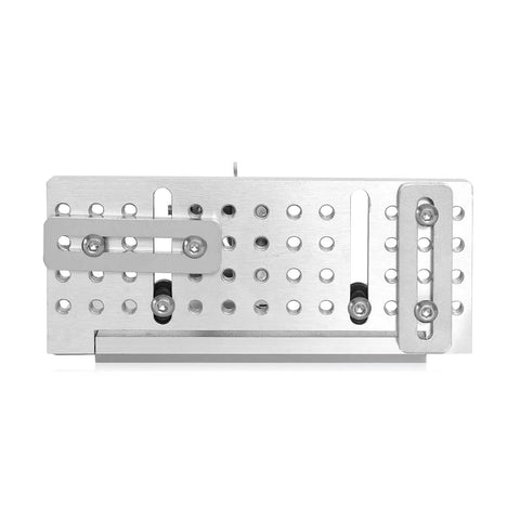 Front view of Pro Grade Belt Grinder Knife Jig with 52 tapped holes, dual press plates, made from durable T6 6061 aluminum.