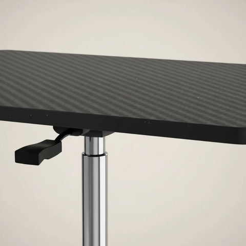 Close-up of the chrome adjustable pole and solid flat top on the Flexible Mobile Standing Desk With Smooth Rolling Wheels And No Sweat Height Adjustments.