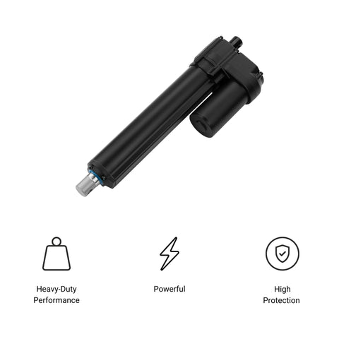 Side view of a black 12V electric linear actuator with a silver piston rod and blue collar.
