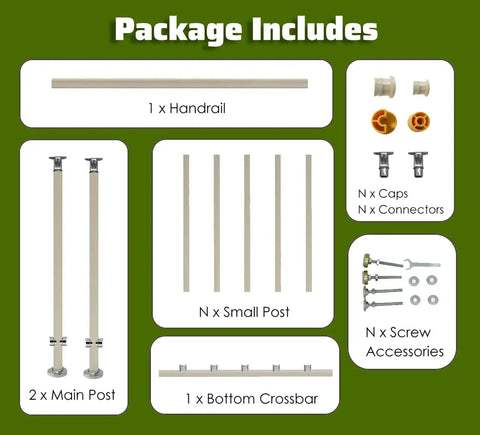 Package includes components for No Drills No Drama Drill Free Balcony Guardrail with handrail, posts, and hardware.