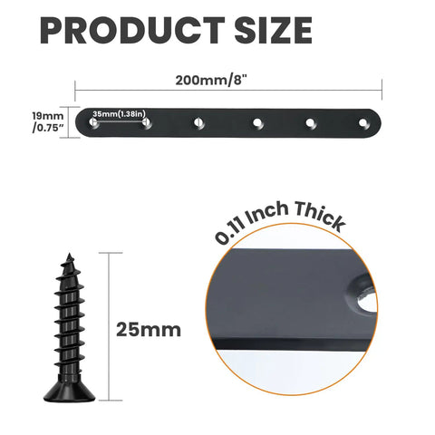 Eight Inch Black Steel Mending Plate Bracket For Supporting Wood Shelves Cabinets Heavy Duty Flat Corner Brace dimensions and screw size.