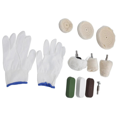 11 Piece Polishing Buffing Wheel Kit With Cotton Flannel Pads And Wax Rod Mount For Cordless Drills, includes gloves and polishing pads.