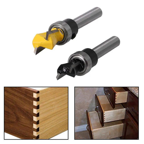 Two Pack Dovetail Router Bits 1 Quarter Inch Shank With Bearing shown with dovetail joint examples and drawers