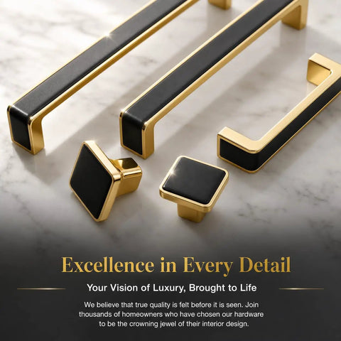 Sleek Black Gold Cabinet Pulls Five Pack With Matte Finish For Modern Kitchen Makeover Drawer Handles And Bathroom Vanity Swap That Brings Major Swag To Every Room showing various sizes and styles on marble background.