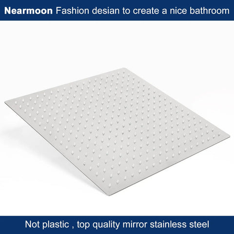 Rain Shower Head With Arm And Square Ceiling Mount, 16 Inch Stainless Steel Chrome Finish, side view with silicone nozzles