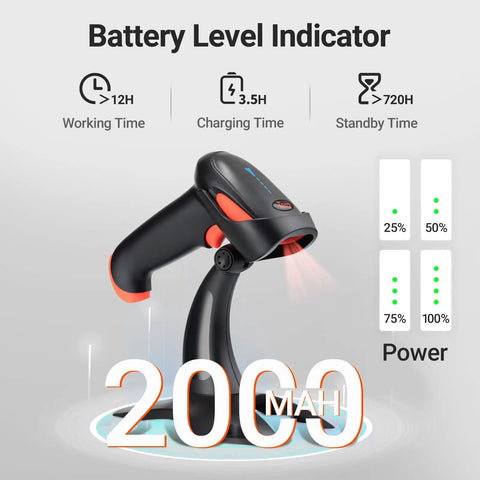 Wireless Barcode Scanner 1D 2D QR With Stand 3 In 1 Bluetooth 2.4G USB Wired Handheld Barcode Reader featuring battery level indicator