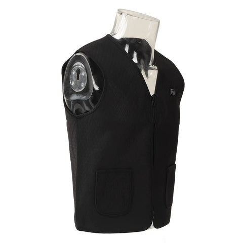 Black electric heated vest with three temperature settings lightweight and machine washable easy care warmth for outdoor work fishing hiking.