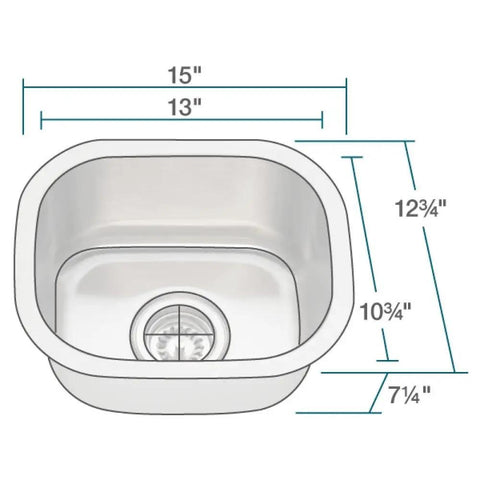 Undermount 15 Inch Stainless Steel Bar Sink With One Deep Bowl, Heavy Duty 304 Grade Steel, 18 Gauge Construction, dimensions diagram