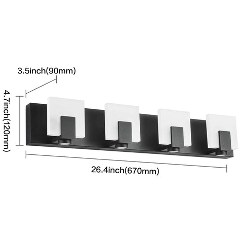 Matte Black Dimmable LED Vanity Lights For Bathroom Above Mirror Kit With Four Fixtures Sleek Bright LED Vanity Lighting Bar Set Easy Install 7249 Mounting Hardware Included, showing dimensions.
