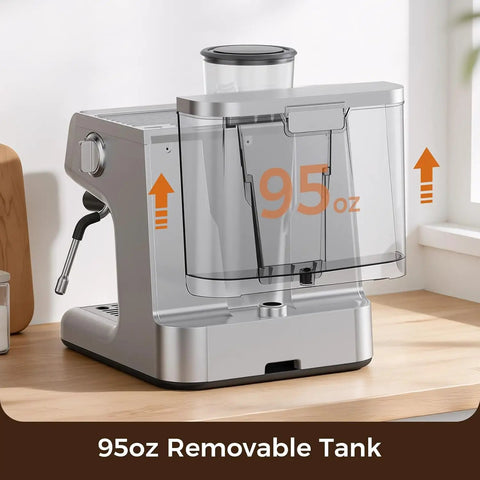 Kickin Up Bold Flavor With A Built In Grinder, 20 Bar Pressure Espresso Coffee Maker, 95oz removable tank view