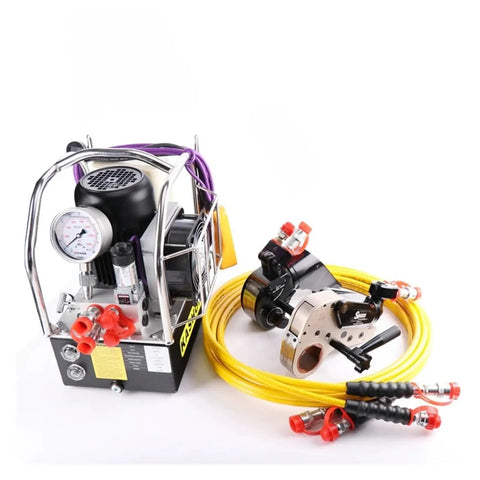 Heavy Gauge Hydraulic Torque Wrench With Slick Uni Swivel Hose And Rugged Alloy Frame For Smooth Precision Bolting In Tight Pits with yellow hose