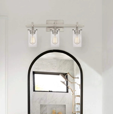Modern Farmhouse Three Light Vanity Light With Clear Glass Shades In Brushed Nickel For Bathroom Hallway Entryway Kitchen Mirror And Laundry Room