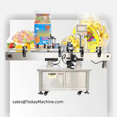 Heavy Duty Automatic Stick Labeling Machine With Adhesive Applicator built for effortless industrial packaging, shown with jars and containers.