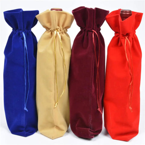 Four Pack Flannelette Wine Bottle Bags With Drawstrings For Travel Gift Packaging And Party Supplies Fabric Bottle Covers in four colors