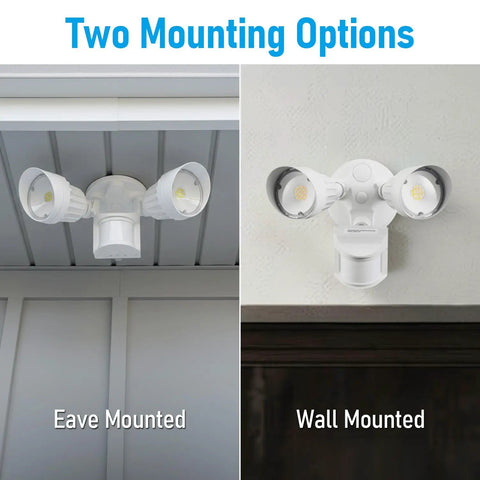 3CCT LED Security Light With Motion Sensor For Outdoor Use Dusk To Dawn Flood Light showing eave and wall mounting options